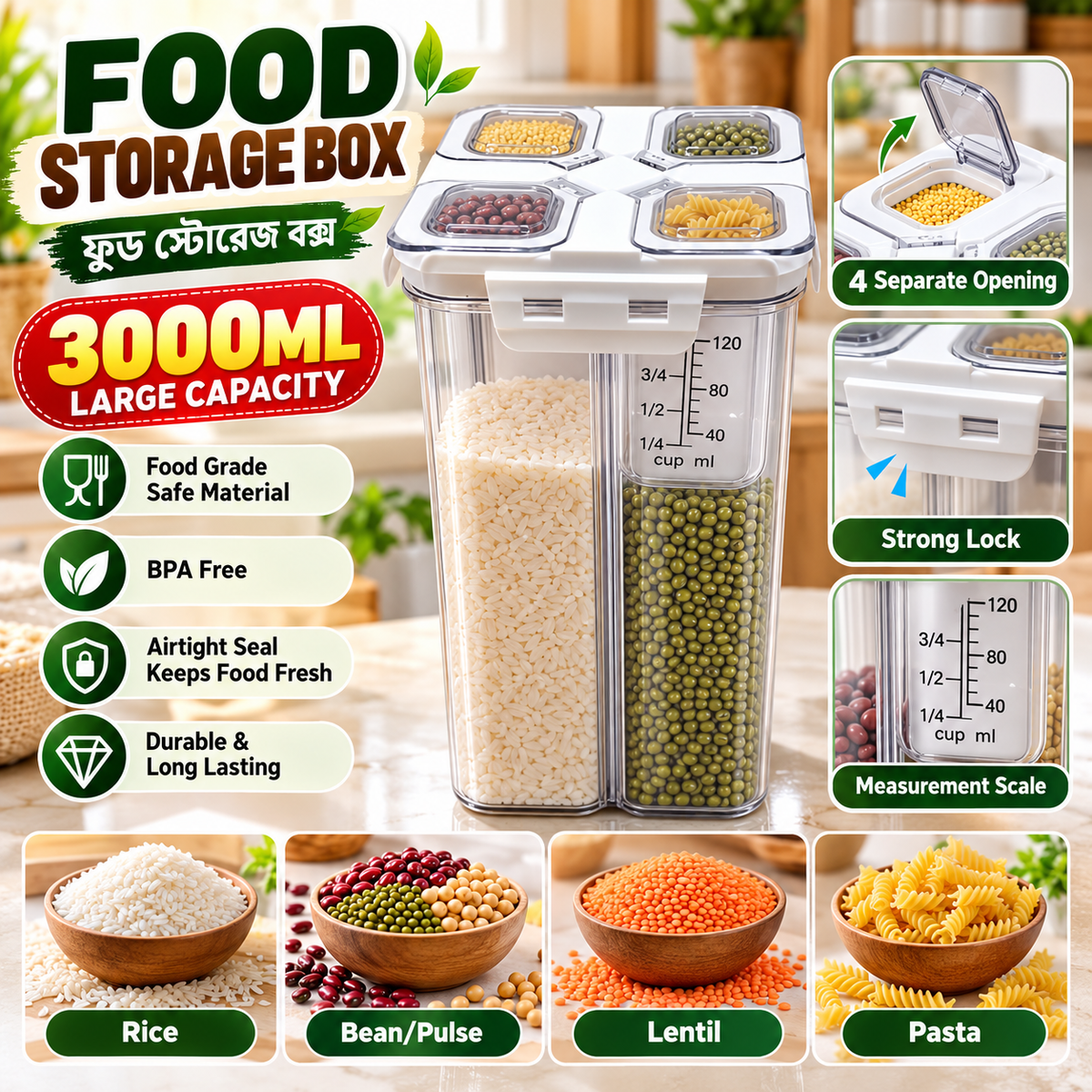 3000ML Multi-Compartment Food Storage Box with 4 Separate Openings