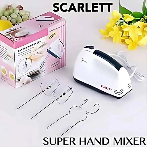 Scarlett super hand mixer with attachments and packaging on a white background