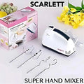 Scarlett super hand mixer with attachments and packaging on a white background