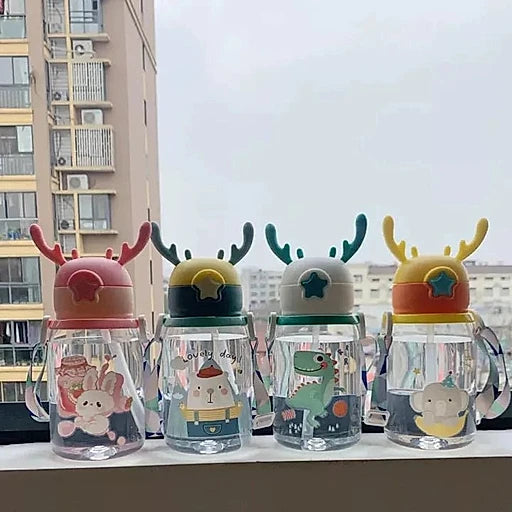 600ml Kids Cartoon Straw Water Bottle – Antlers Design, Large Capacity - KT Bazar BD Shop