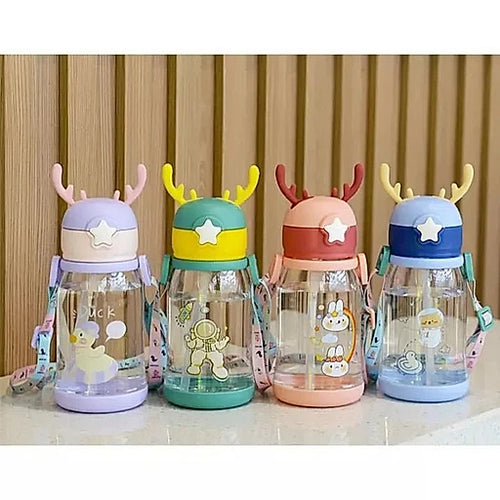 600ml Kids Cartoon Straw Water Bottle – Antlers Design, Large Capacity - KT Bazar BD Shop