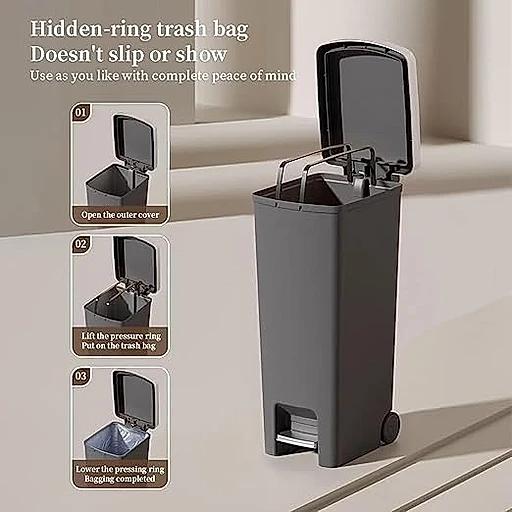 Gray trash bin with instructions on using a hidden-ring trash bag