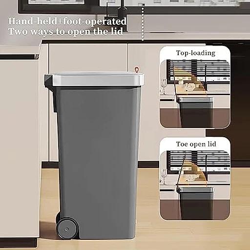Gray trash bin with text indicating two ways to open the lid in a kitchen setting.