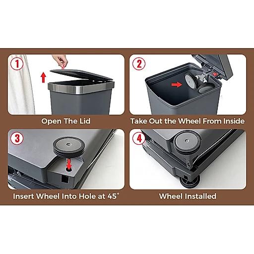 Step-by-step guide on how to install a wheel inside a trash bin.