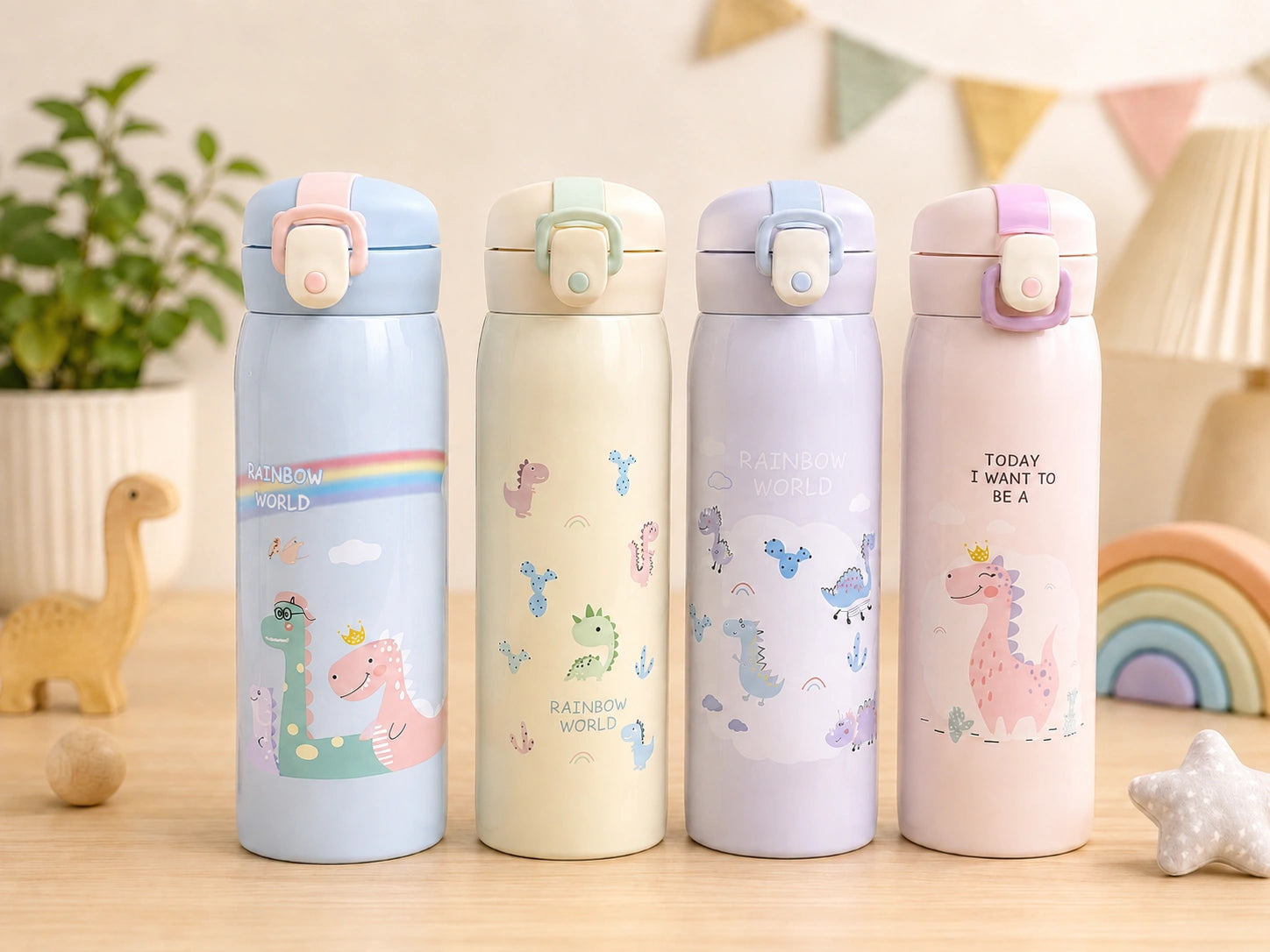 Four colorful thermos bottles with dinosaur illustrations on a wooden surface.