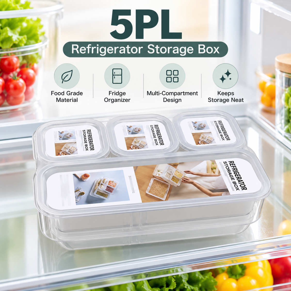 5PL Refrigerator Storage Box – 5 Compartment Food Organizer