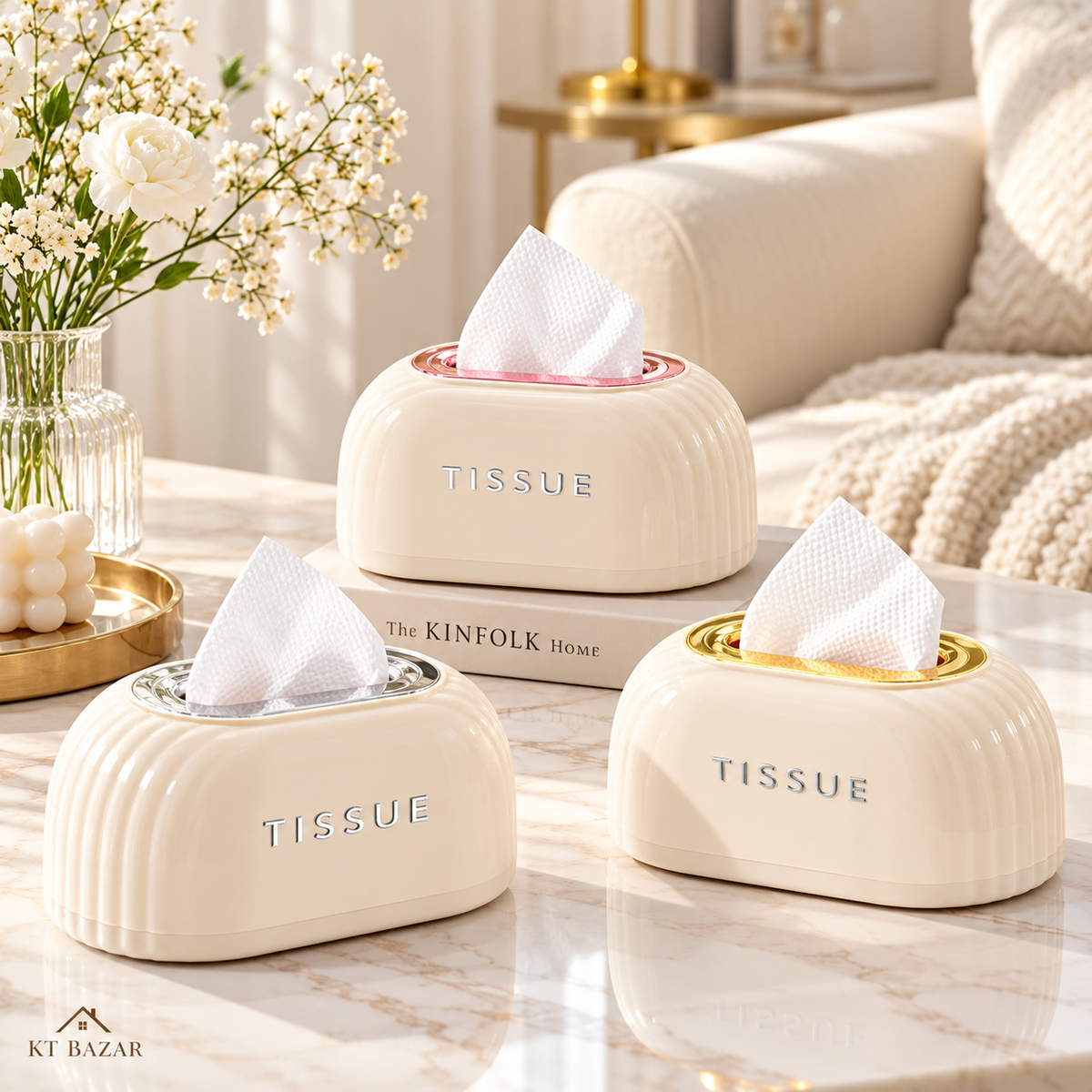 Premium Luxury Tissue Box Holder – Elegant Cream Design with Gold/Silver/Pink Trim