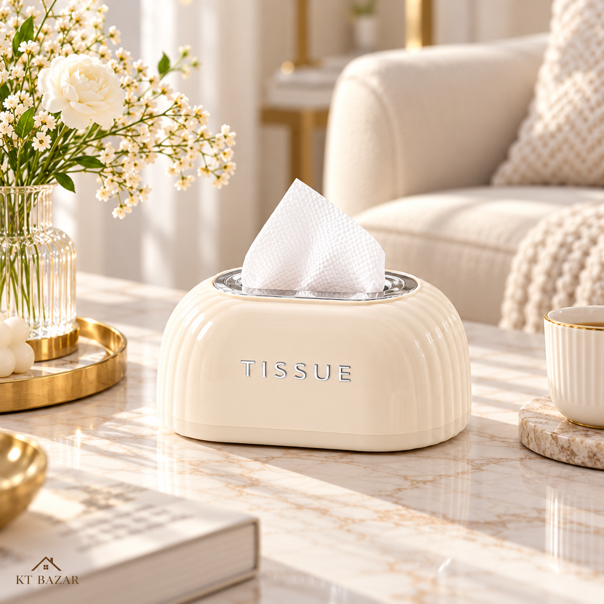 Premium Luxury Tissue Box Holder – Elegant Cream Design with Gold/Silver/Pink Trim