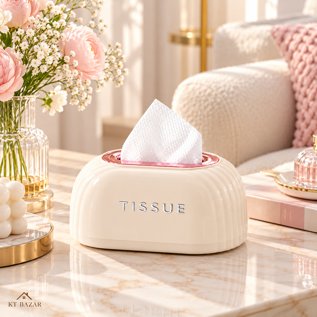 Premium Luxury Tissue Box Holder – Elegant Cream Design with Gold/Silver/Pink Trim