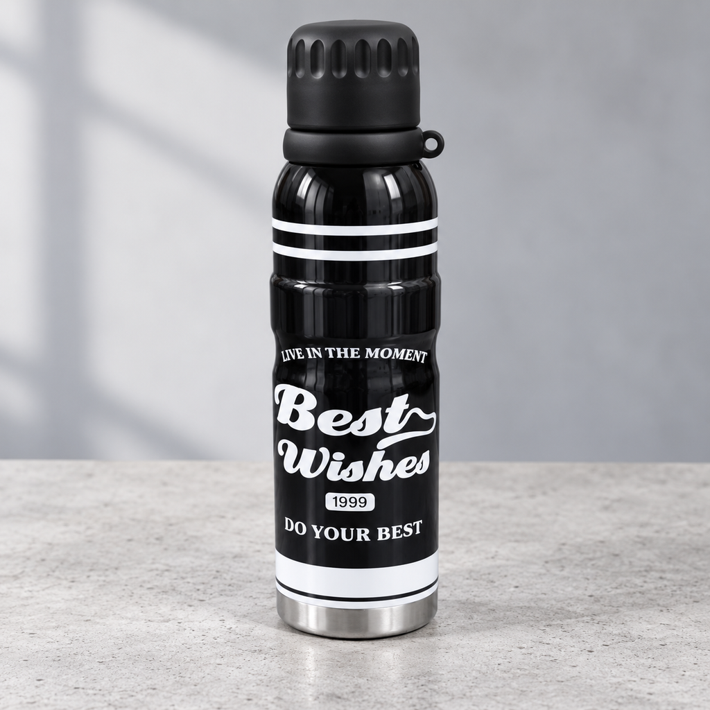 Printed Water Bottle – Best Wishes & Happily | Black & Cream