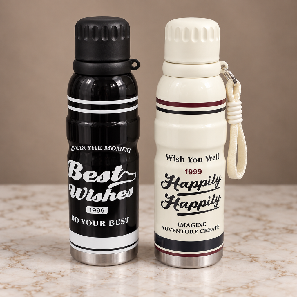 Printed Water Bottle – Best Wishes & Happily | Black & Cream