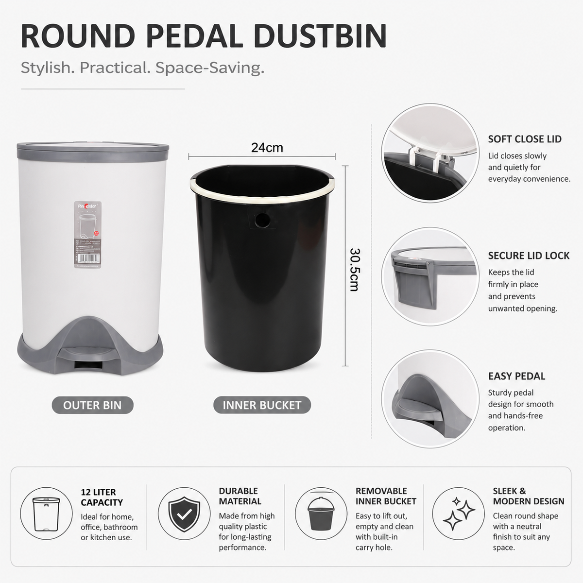 Premium Pedal Dustbin with Inner Bucket – Hands Free Waste Bin