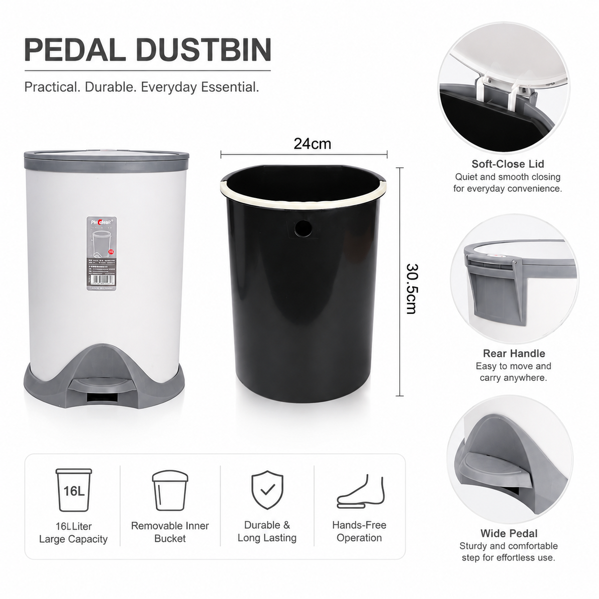 Premium Pedal Dustbin with Inner Bucket – Hands Free Waste Bin