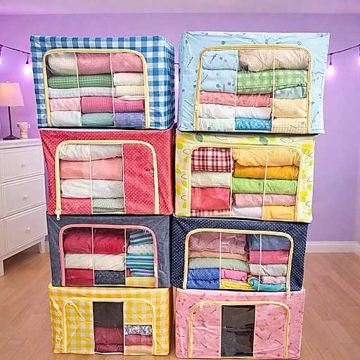 Foldable Fabric Storage Box with Zipper, Large Clothes Organizer Storage Bag, Wardrobe Quilt Blanket Storage Box(multicolor)