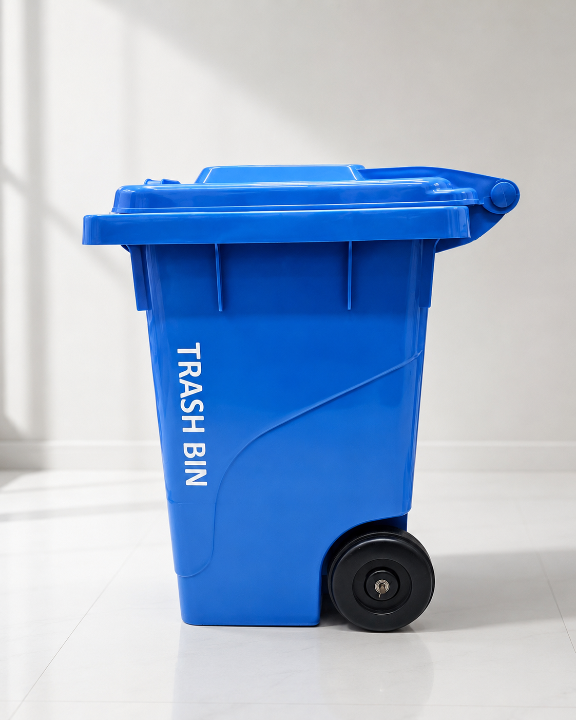 A bright blue plastic trash bin with a hinged lid and black wheels, featuring the words 'TRASH BIN' printed vertically in white on the side, set against a clean white background.