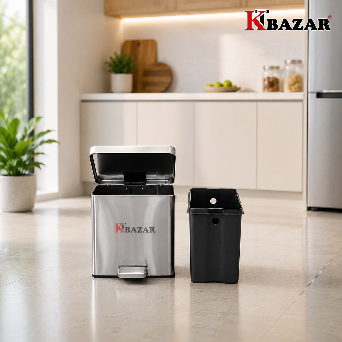 Two KTBAZAR brand trash cans displayed side-by-side in a modern kitchen setting. The left can is a brushed stainless steel foot pedal bin with its lid open, and the right can is a black plastic rectangular bin.