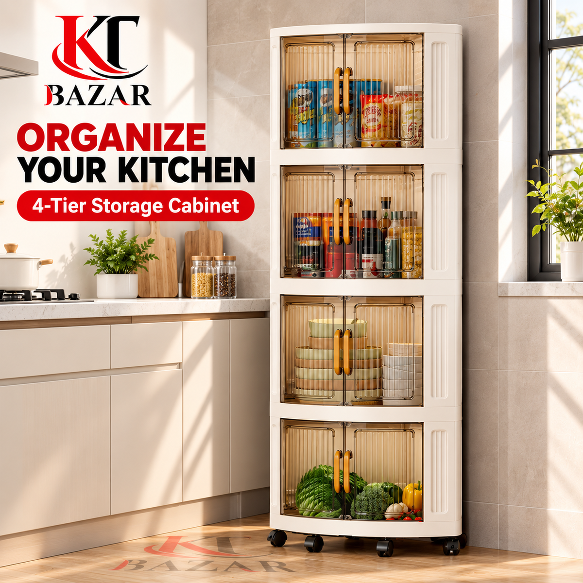 4 Tier Kitchen Storage Cabinet with Wheels & Amber Doors