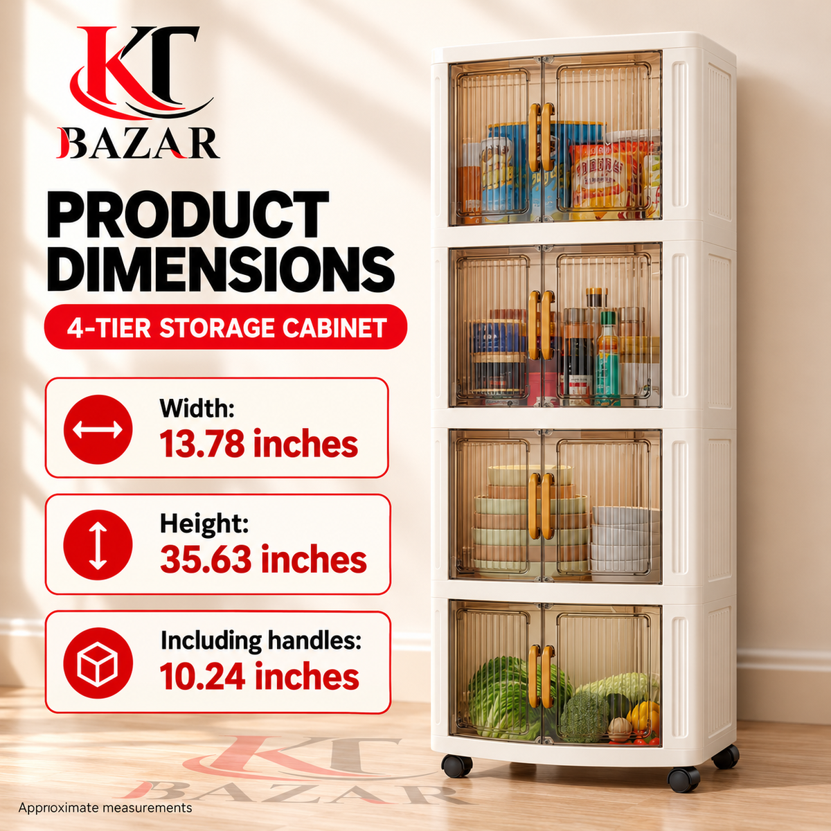4 Tier Kitchen Storage Cabinet with Wheels & Amber Doors