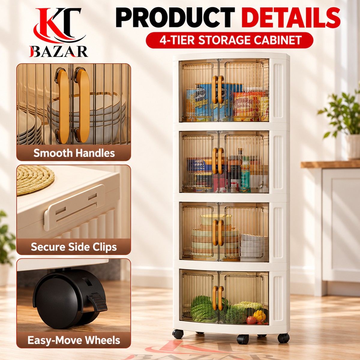 4 Tier Kitchen Storage Cabinet with Wheels & Amber Doors
