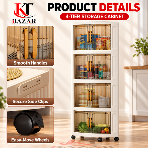 4 Tier Kitchen Storage Cabinet with Wheels & Amber Doors
