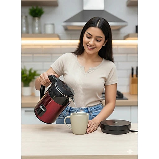 Woman pouring tea from a black and red thermos into a white mug in a kitchen.