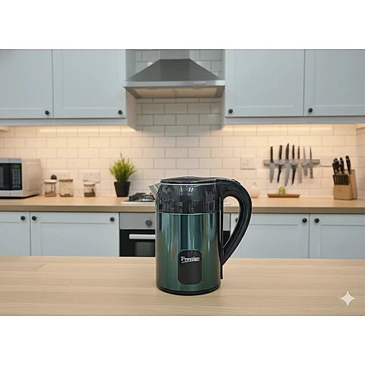 Green electric kettle on a kitchen counter with a modern kitchen background