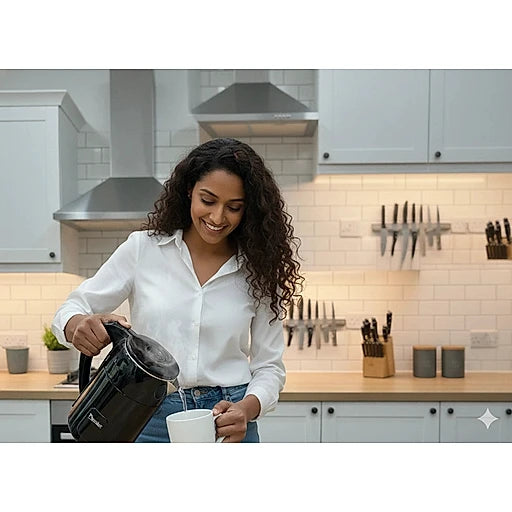 Woman pouring coffee from a black coffee maker into a white mug in a kitchen.