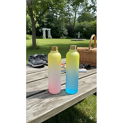Two gradient water bottles on a wooden table outdoors with a garden background.