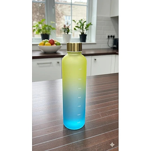 Gradient blue to yellow water bottle on a kitchen counter