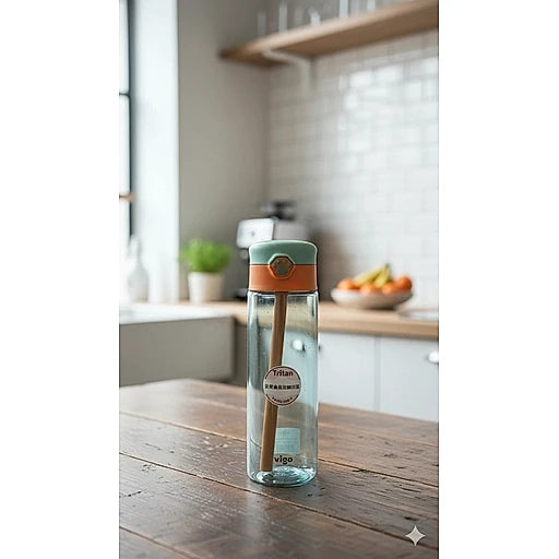 Clear water bottle with green cap on a wooden table in a kitchen setting