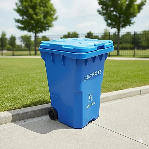 Blue recycling bin with 'Support' and 'Use Me' text on a grassy area.