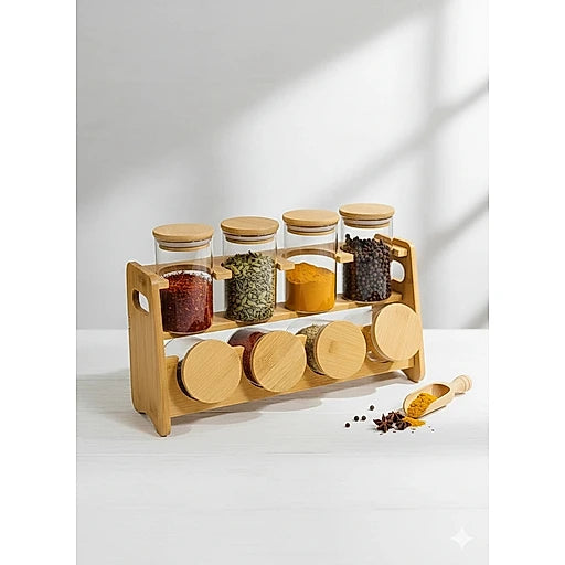 Premium Glass Spice Jar Set with Bamboo Stand – Airtight Kitchen Seasoning Organizer & Storage Container Set(8 Pieces)