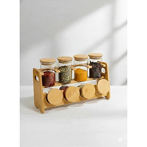 Premium Glass Spice Jar Set with Bamboo Stand – Airtight Kitchen Seasoning Organizer & Storage Container Set(8 Pieces)