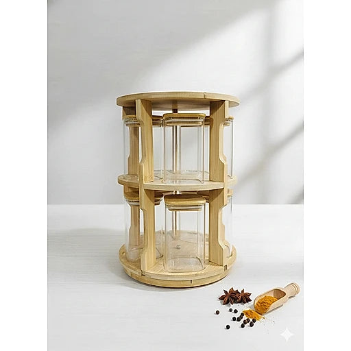 Premium Glass Spice Jar Set with Bamboo Stand – Airtight Kitchen Seasoning Organizer & Storage Container Set(10 Pieces)
