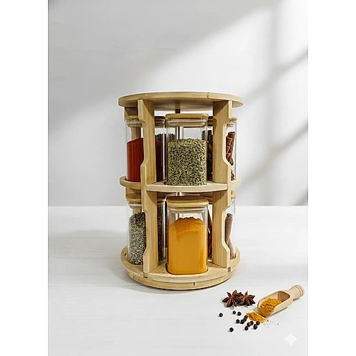 Premium Glass Spice Jar Set with Bamboo Stand – Airtight Kitchen Seasoning Organizer & Storage Container Set(10 Pieces)