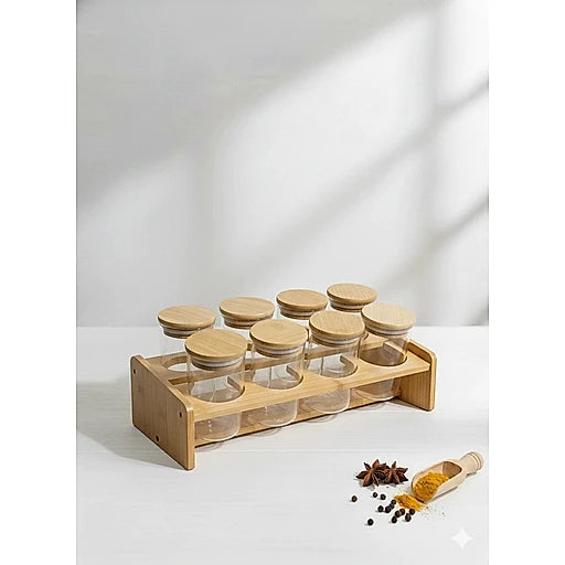 Premium Glass Spice Jar Set with Bamboo Stand – Airtight Kitchen Seasoning Organizer & Storage Container Set(8 Pieces)