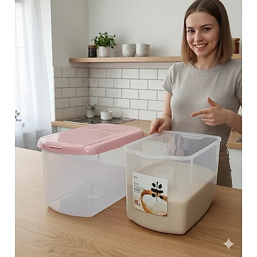 15KG Plastic Rice & Cereal Storage Container with Wheels – Airtight Food Grain Storage Bin for Kitchen Organization