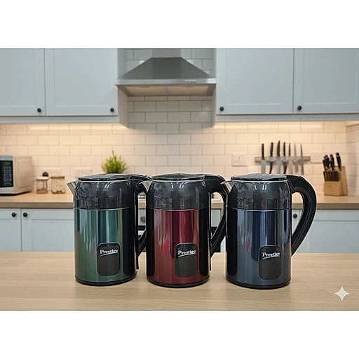 Three Prestige brand thermos bottles on a kitchen counter with cabinets and appliances in the background.