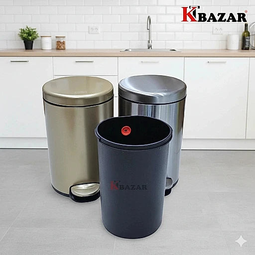 Three metallic trash cans with KBAZAR branding in a kitchen setting.