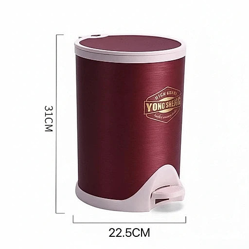 Maroon trash bin with white lid and foot pedal on a white background, featuring the 'Yong She' brand.