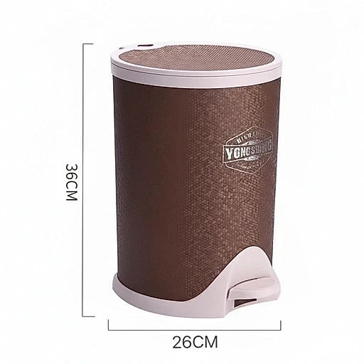 Brown trash bin with white pedal on a white background, featuring dimensions.