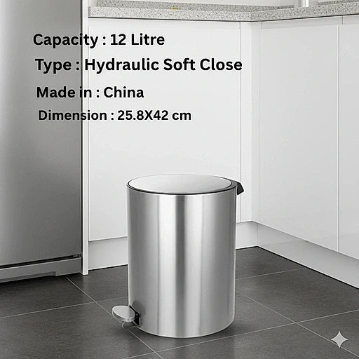 Stainless steel trash bin with text detailing capacity, type, origin, and dimensions in a kitchen setting.