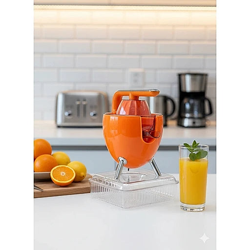 Orange manual juicer on a kitchen counter with oranges and a glass of juice.