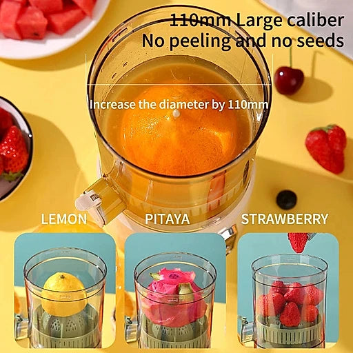 Glass juicer with lemon, pitaya, and strawberry on a yellow background