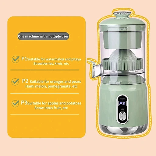 Green juicer with text on a beige background