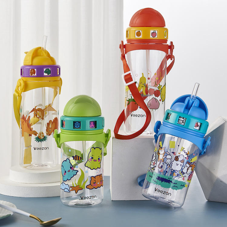 HECION Cartoon Kids Water Bottle with Straw & Carry Strap – 500ml