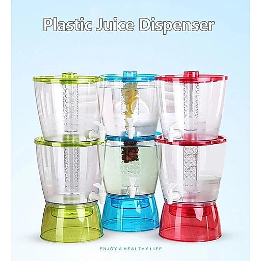 Three colorful plastic juice dispensers on a light blue background with text 'Plastic Juice Dispenser' and 'Enjoy a Healthy Life'.