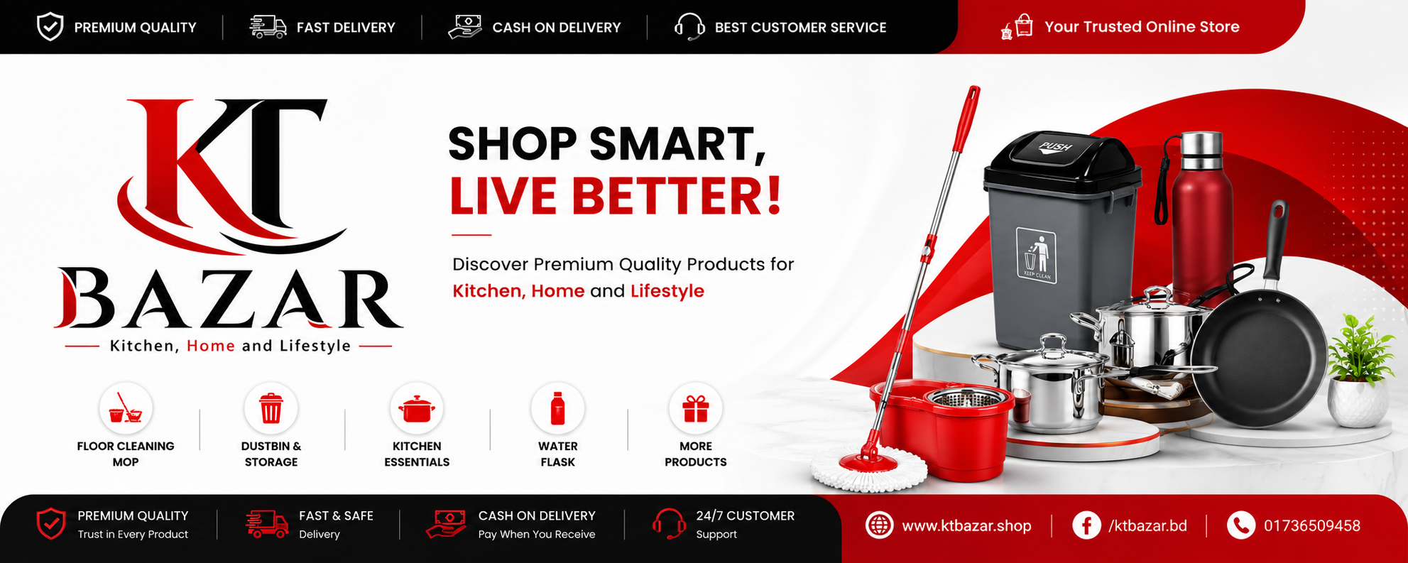 KT Bazar homepage with kitchenware products and promotional text.