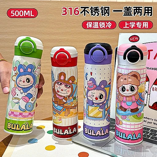 Dual-drink insulated water bottle made of 316 stainless steel for children