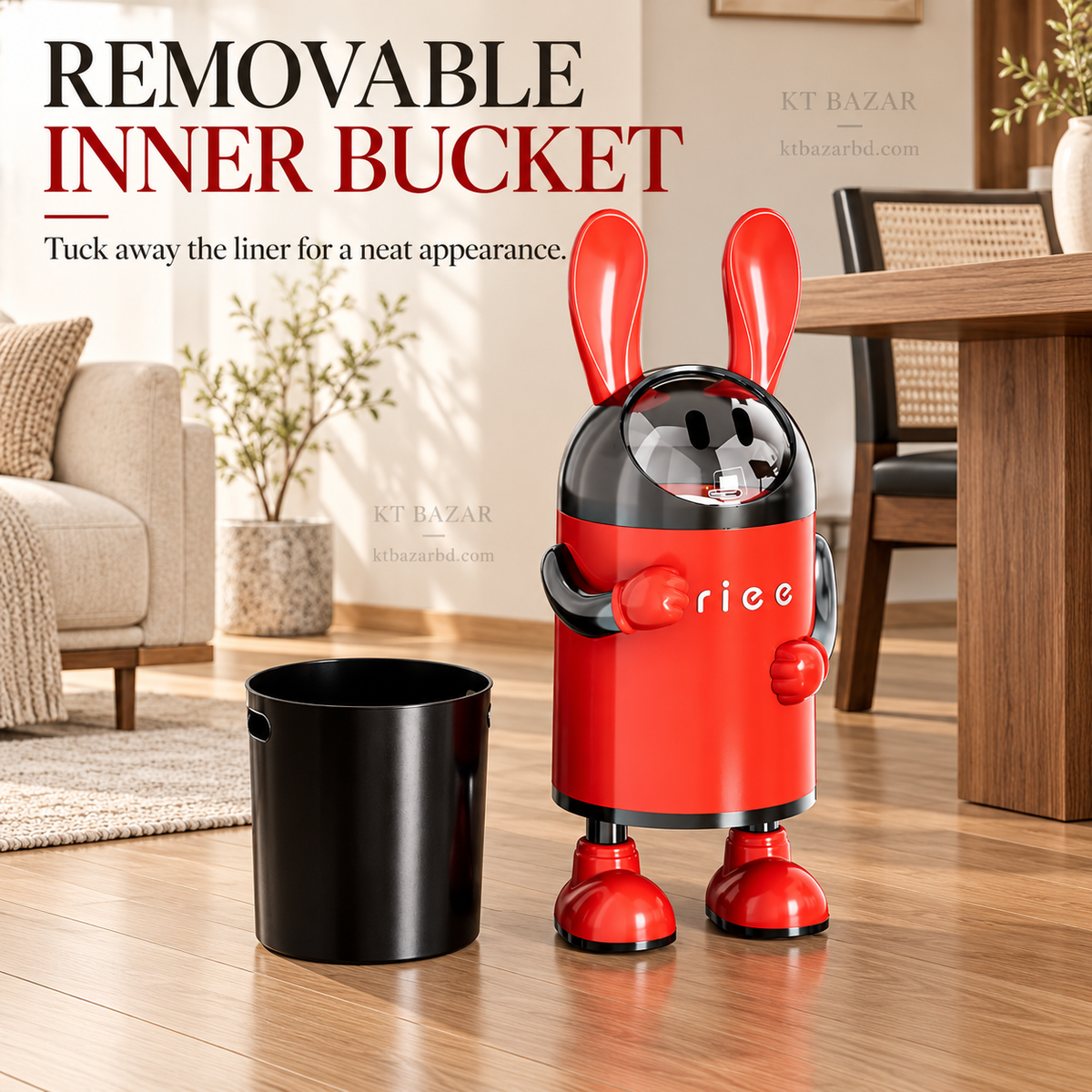 Rabbit Design Flip-Lid Dustbin with Removable Inner Bucket